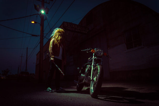 2:48 am Photograph by Mako Miyamoto. Wookie with a bat standing at night under a streetlight with a motorcycle. Part of the Holding Off Eternity series for a show at Gallery 135 in Portland, OR